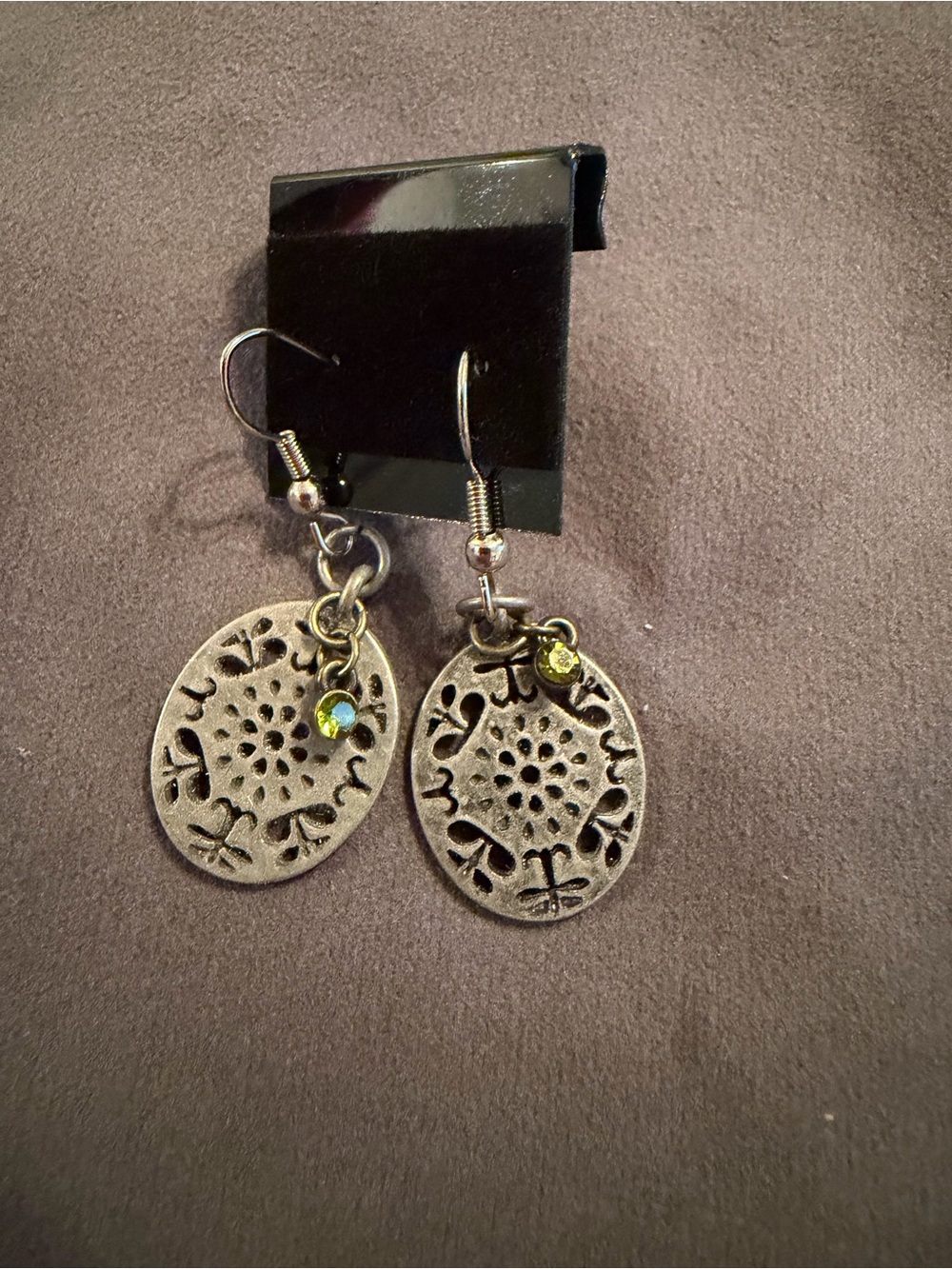 Silver-Tone Filigree Oval Drop Earrings with Green Accent